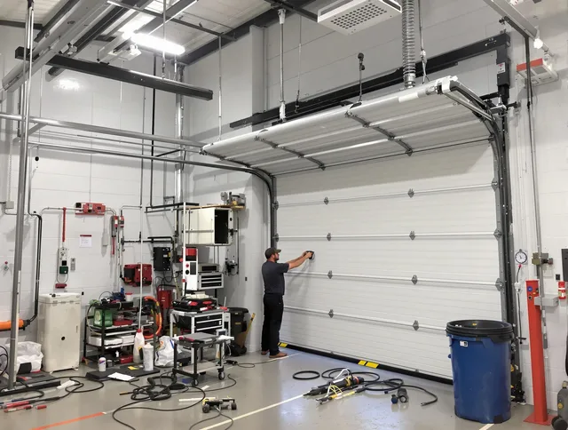 Stallings Garage Door Repair certified technician performing commercial door repair at a Stallings business facility