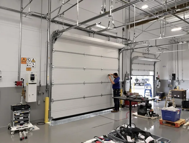 Commercial garage door repair being performed by Stallings Garage Door Repair expert in Stallings