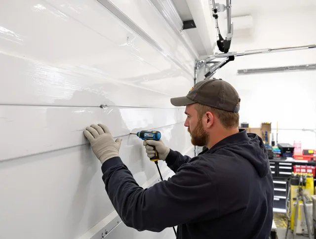 Stallings Garage Door Repair technician demonstrating precision dent removal techniques on a Stallings garage door