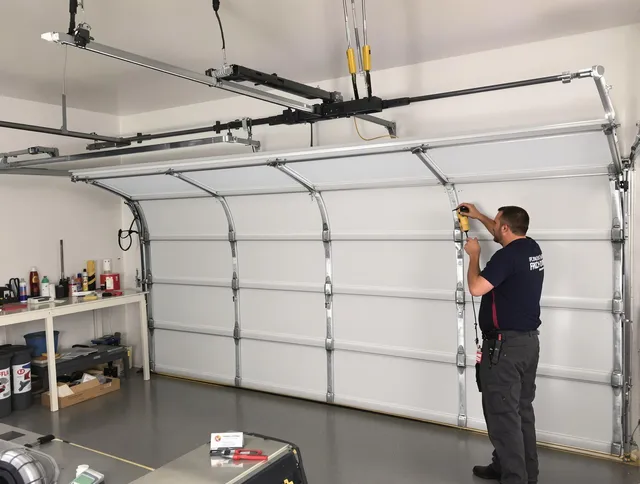 Stallings Garage Door Repair certified technician performing overhead door system repair in Stallings