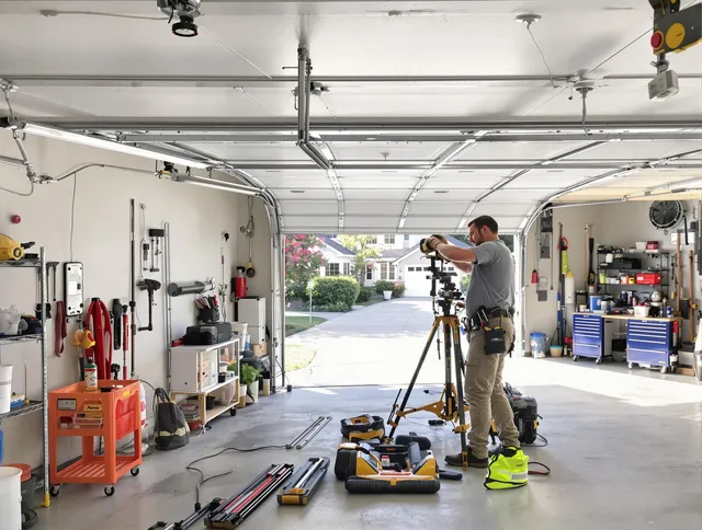 Stallings Garage Door Repair specialist performing laser-guided track alignment in Stallings